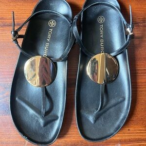 Tory Burch Black Sandals with Metallic Gold Discs